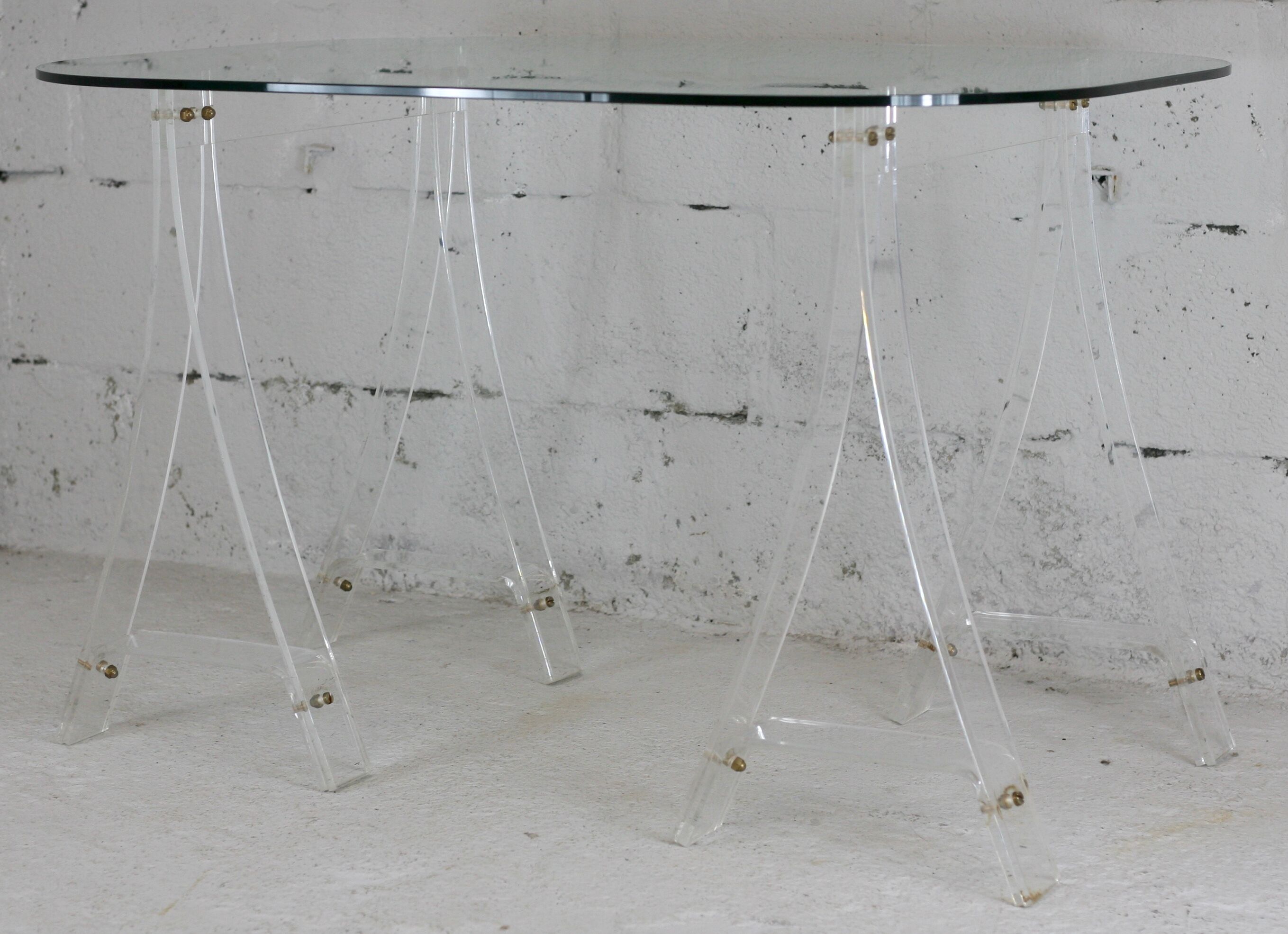 Office Plexiglas trestles, glass tray rounded edges, France, circa 1970