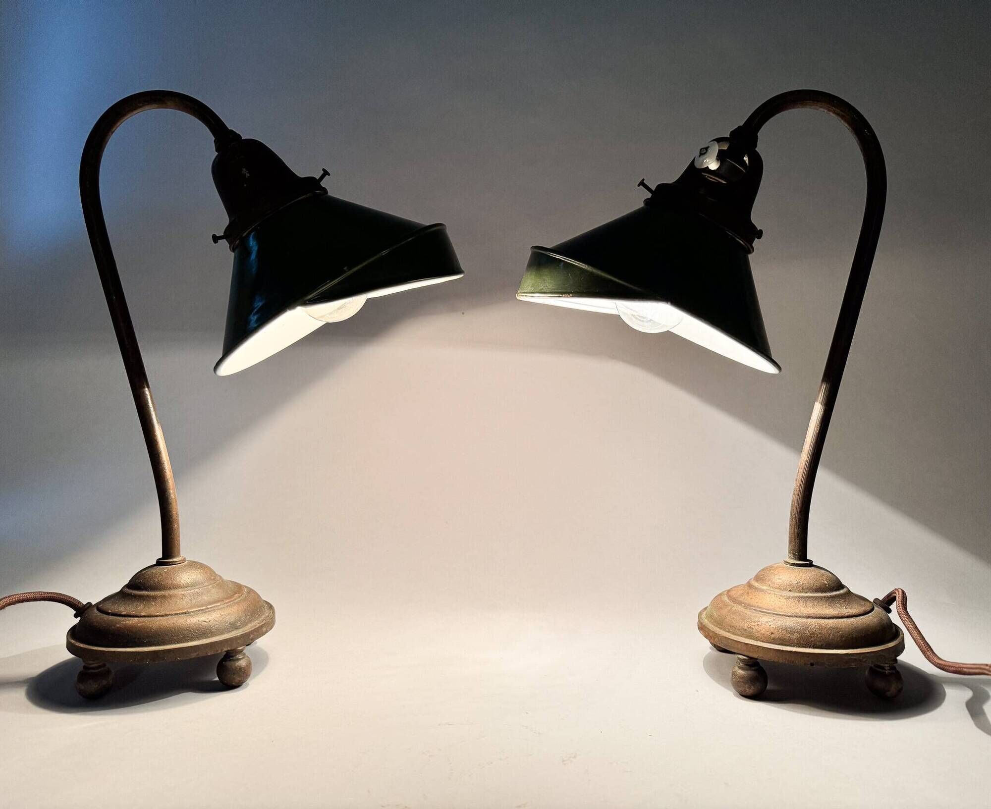 Pair of Unique 1920's Enamel & Cast Iron Desk Lamps, Czechoslovakia
