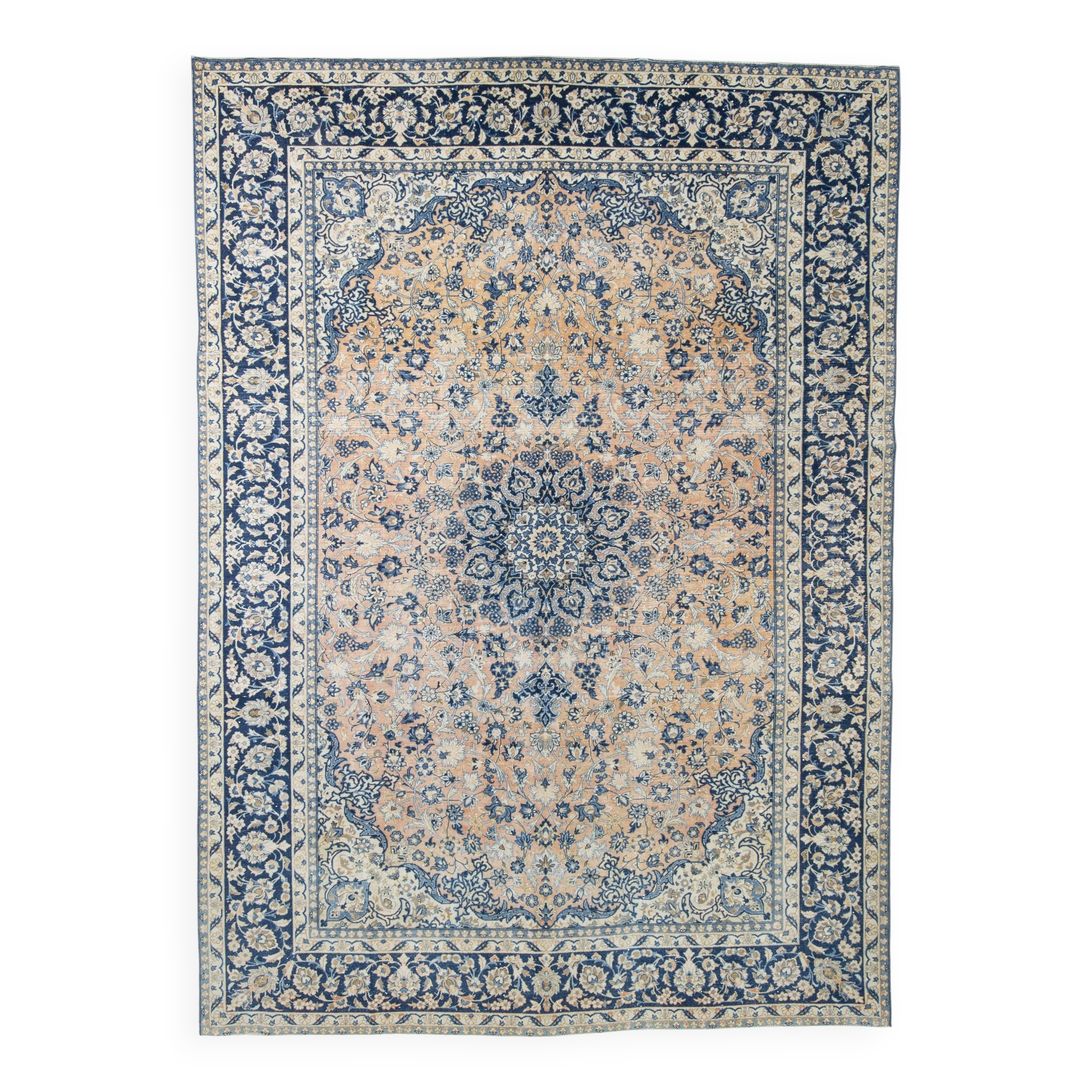 10x14 Navy Blue & Salmon Vintage Persian Rug, Geometric Style Classic Rug