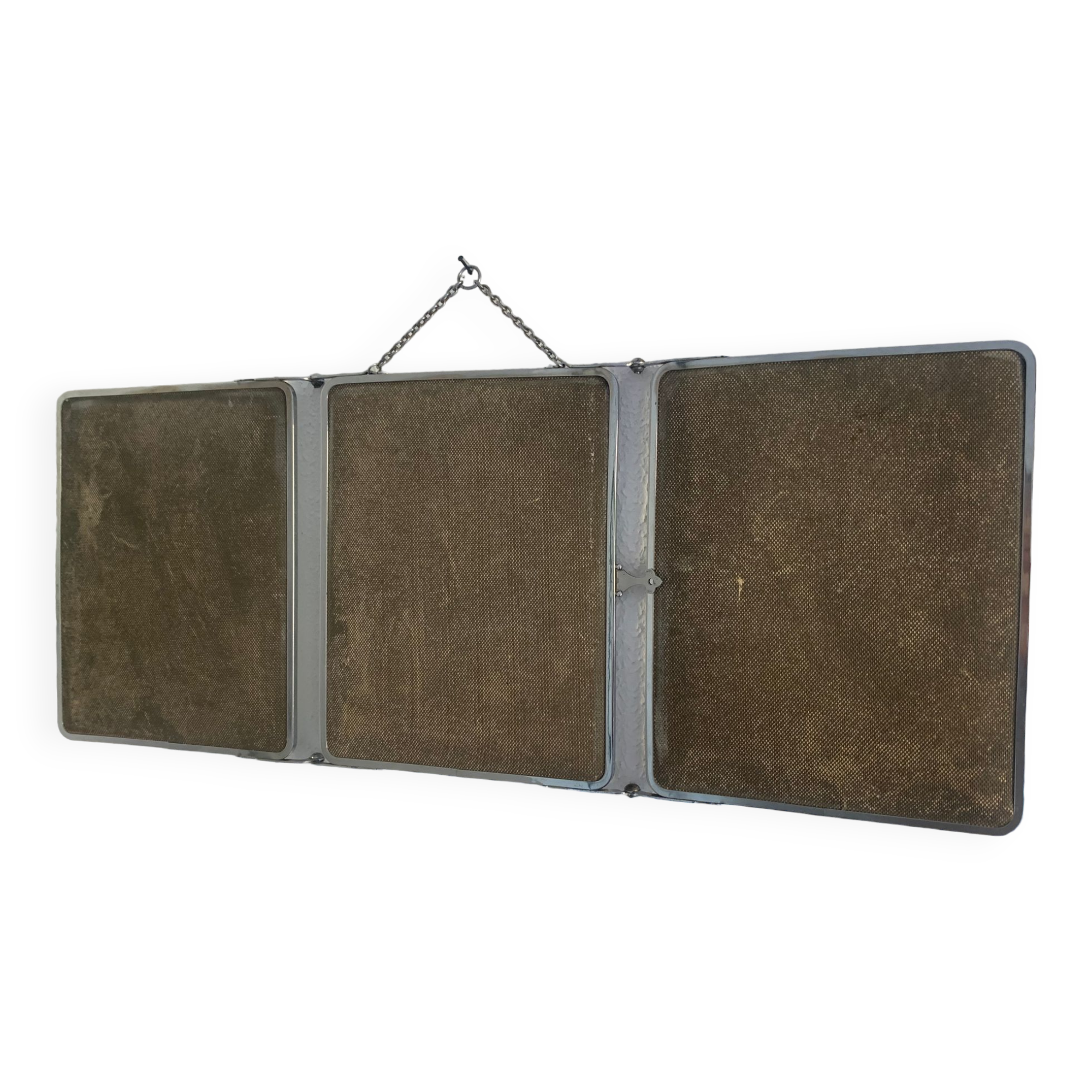 Vintage mirror 1930 triptych beveled barber iron gray - 28 x 69 cm