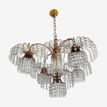 Murano crystal chandelier gilded metal pagoda frame 1970