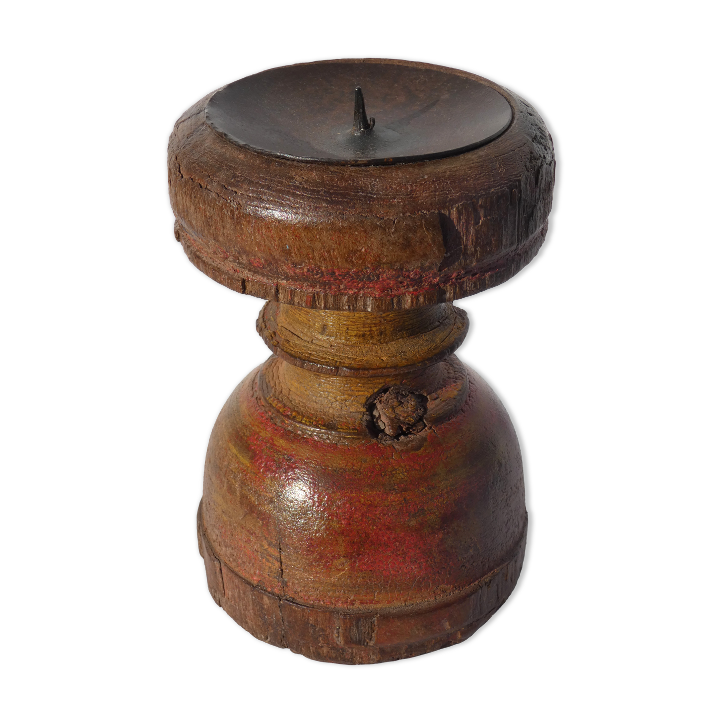 Candle holder round wood old teak patina of origin India