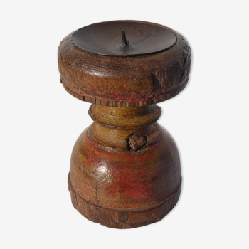 Candle holder round wood old teak patina of origin India