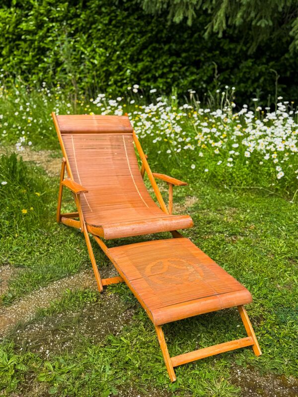 Chaise longue vintage en bambou japonais et repose-pieds