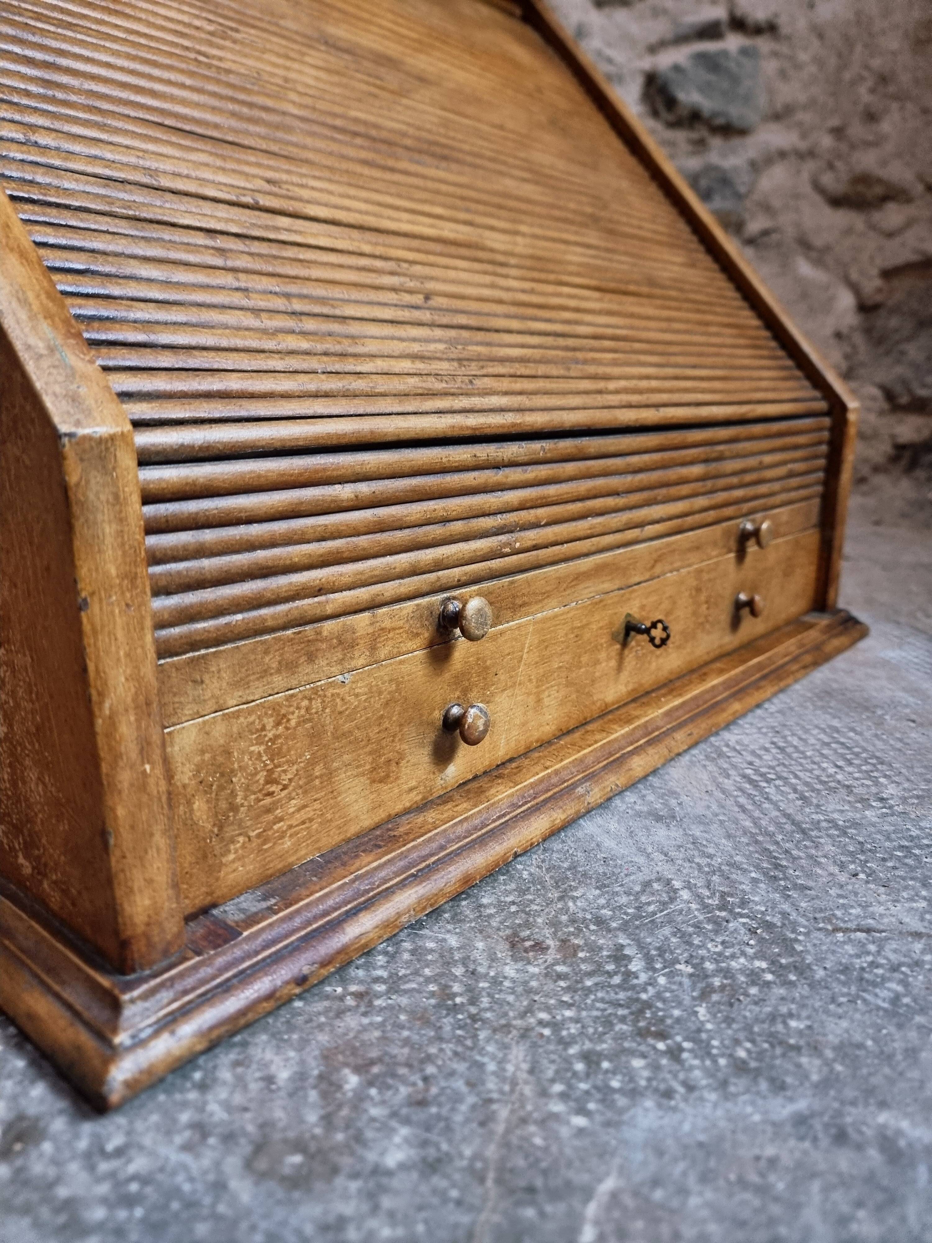 Antique French optician's table display cabinet – Walnut curtain display cabinet, early 1900s.