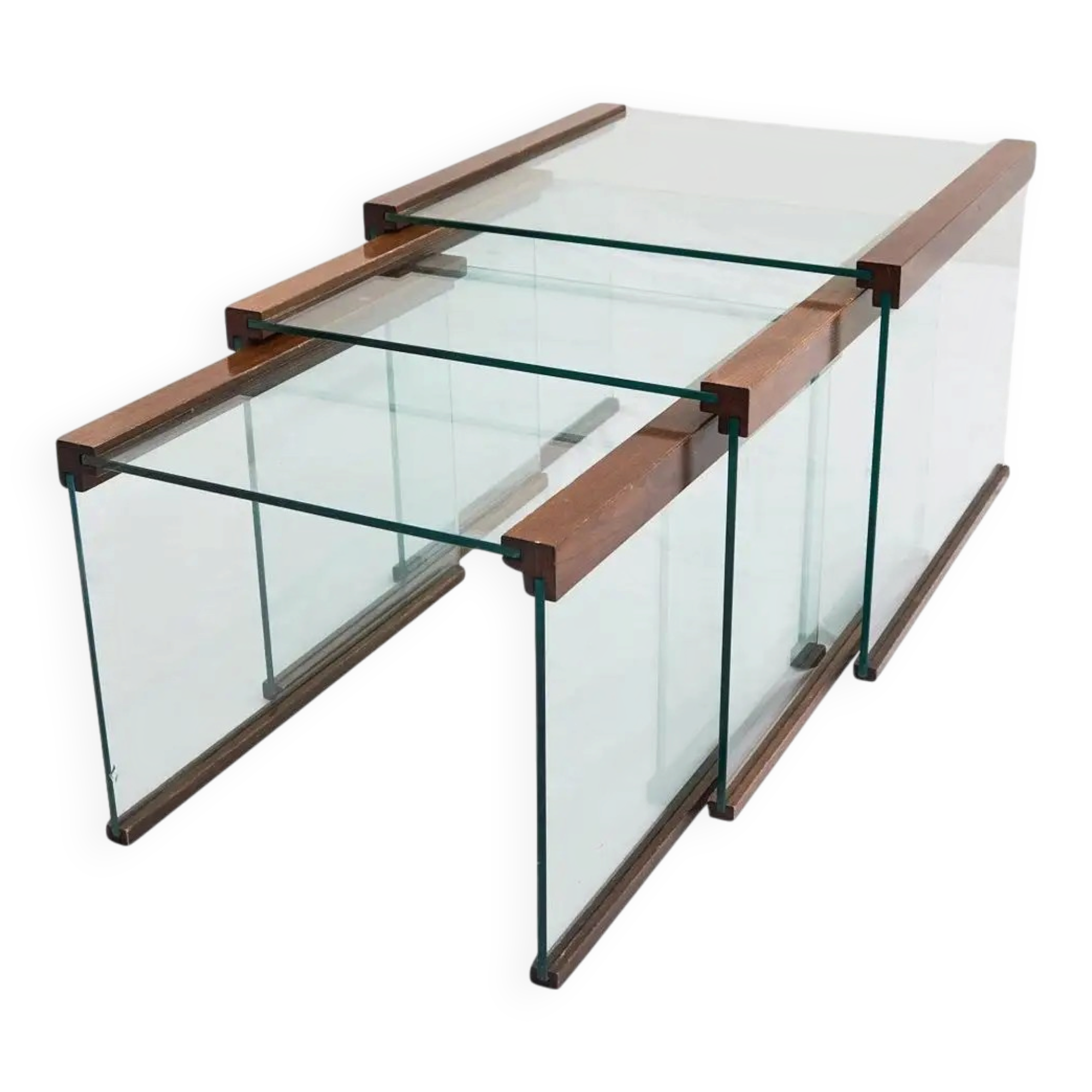 Set of 3 nesting tables in tempered glass and rosewood, Gallotti