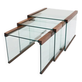 Set of 3 nesting tables in tempered glass and rosewood, Gallotti