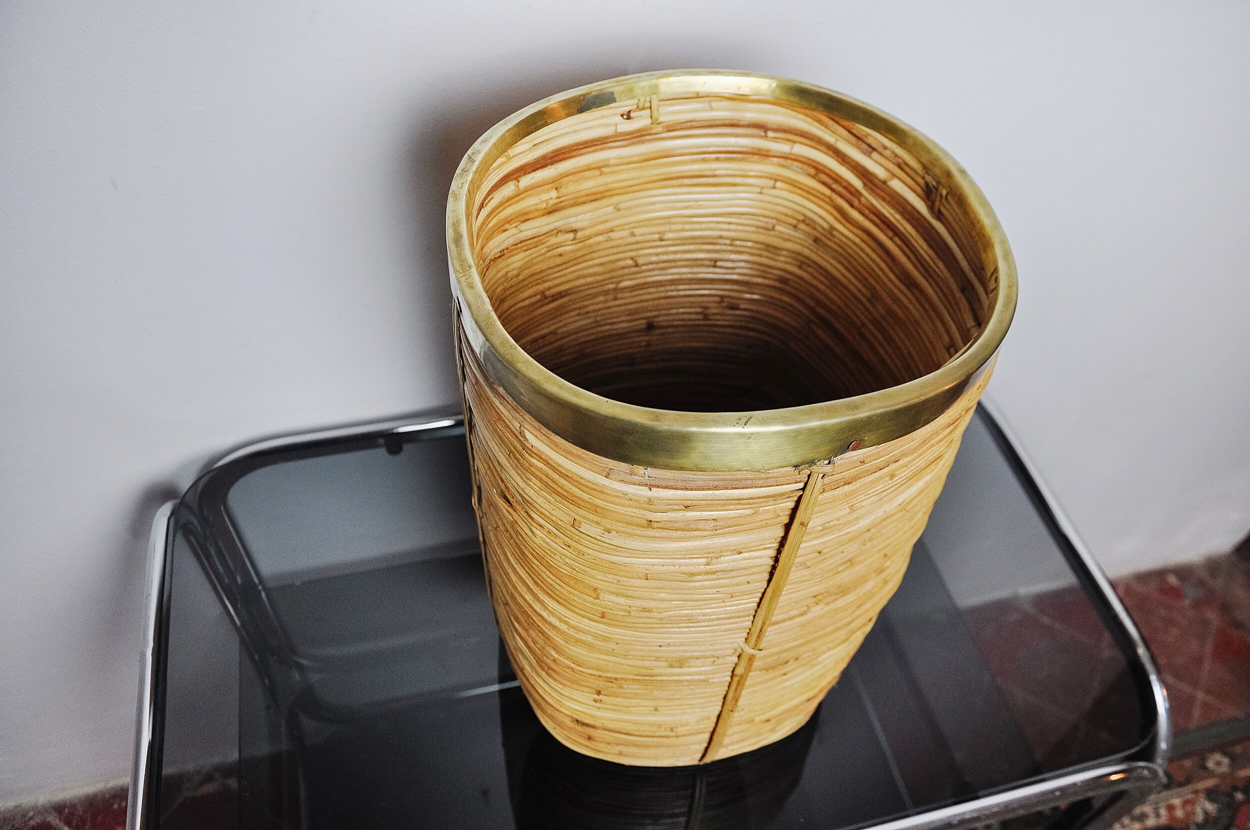 Rattan and brass umbrella stand, Italy, 1970