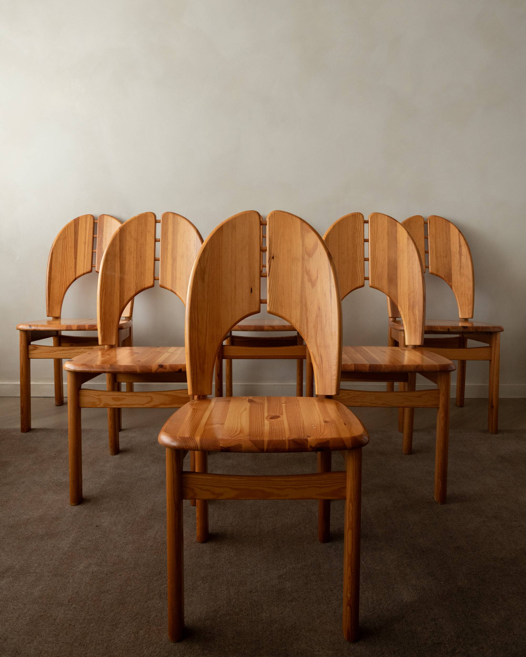 Scandinavian Brutalist Pine Dining Chairs with Sculptural Back, 1970, Set of 6