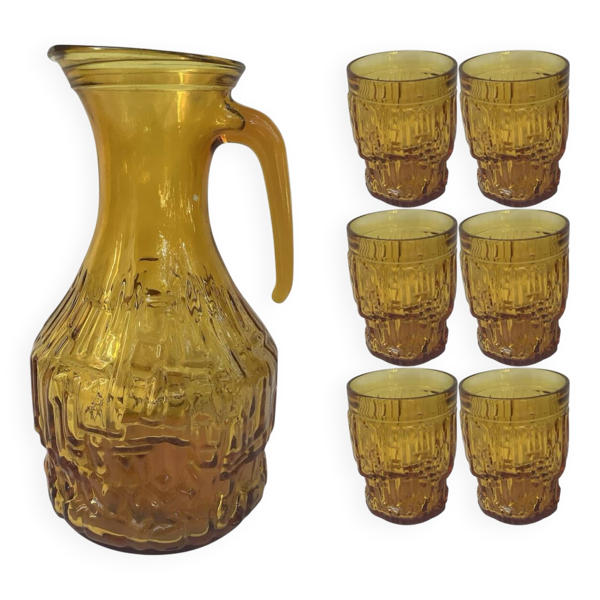 �� Série de verres et carafe en verre ambré vintage ��