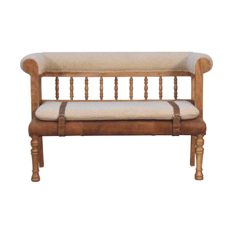 Luxury Handcrafted Rustic Chic Hallway Bench - Mango Wood,  Boucle & Buffalo Leather
