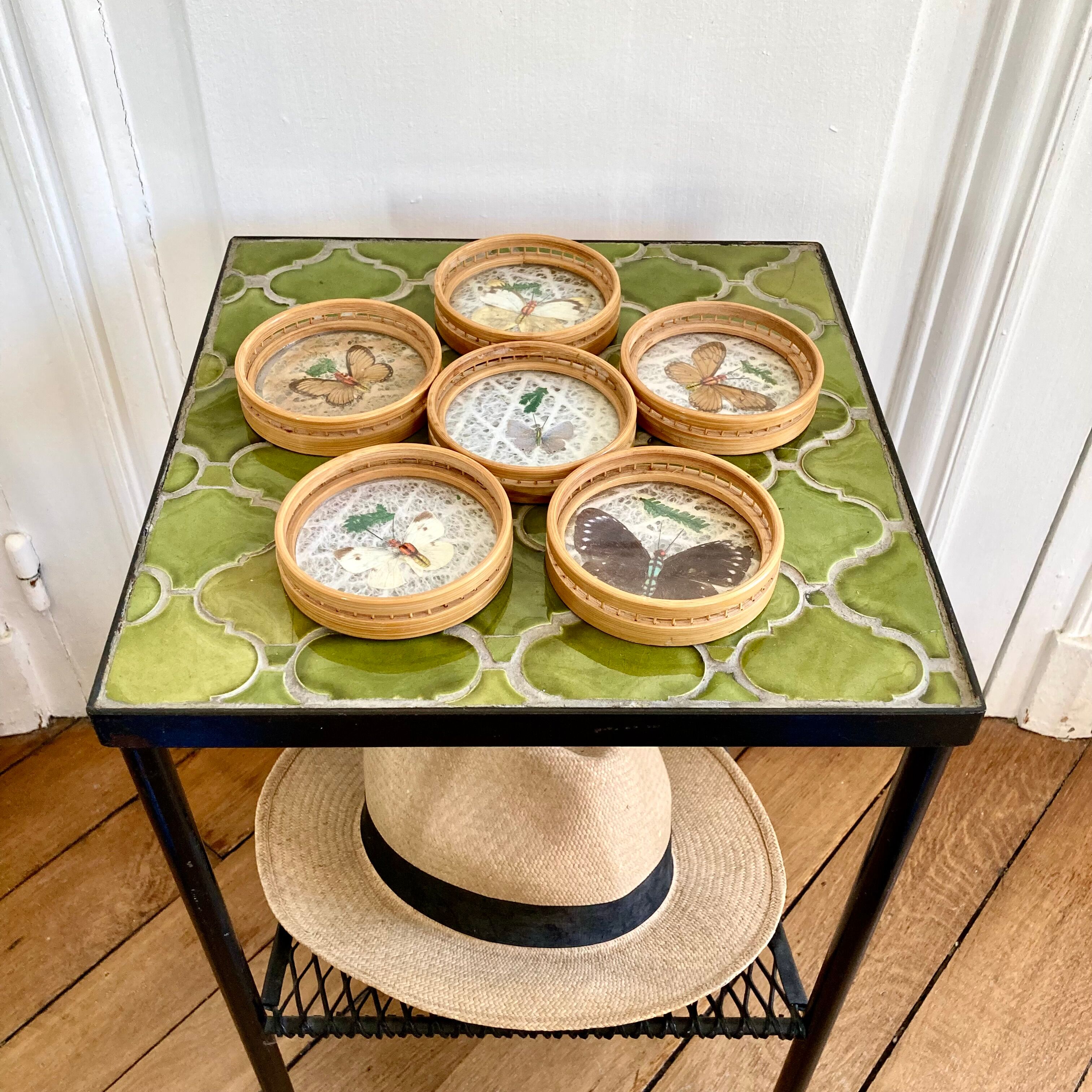 Bamboo butterfly tray and 6 vintage coasters