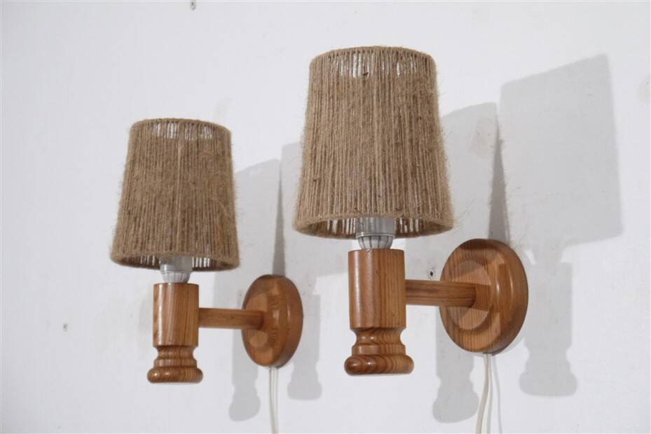 Paire d'applique vintage en bois et corde 1960