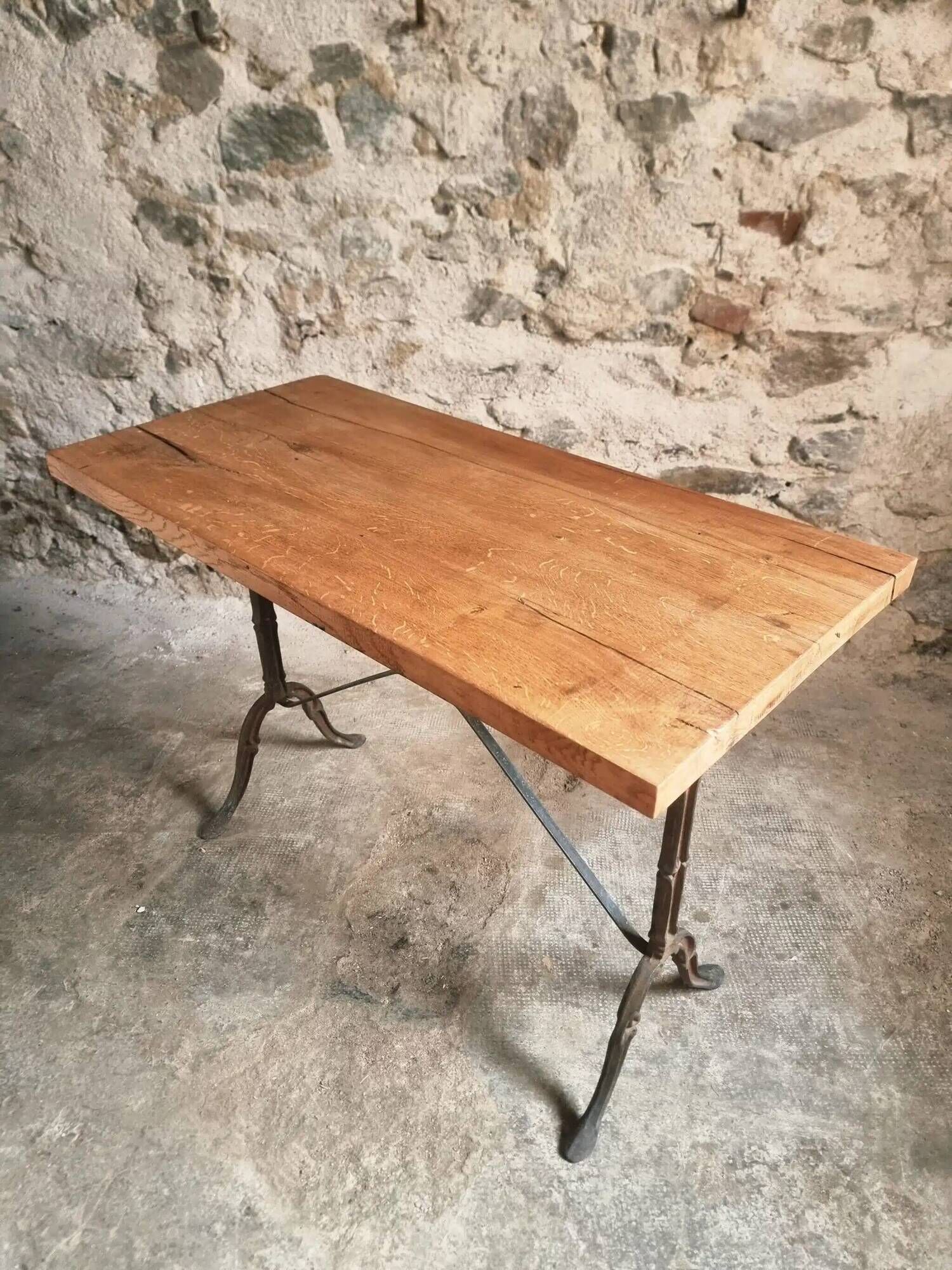 Vintage French Bistro Table | 1960s/70s Oak Top & Cast Iron Base | Retro Coffee & Wine Table