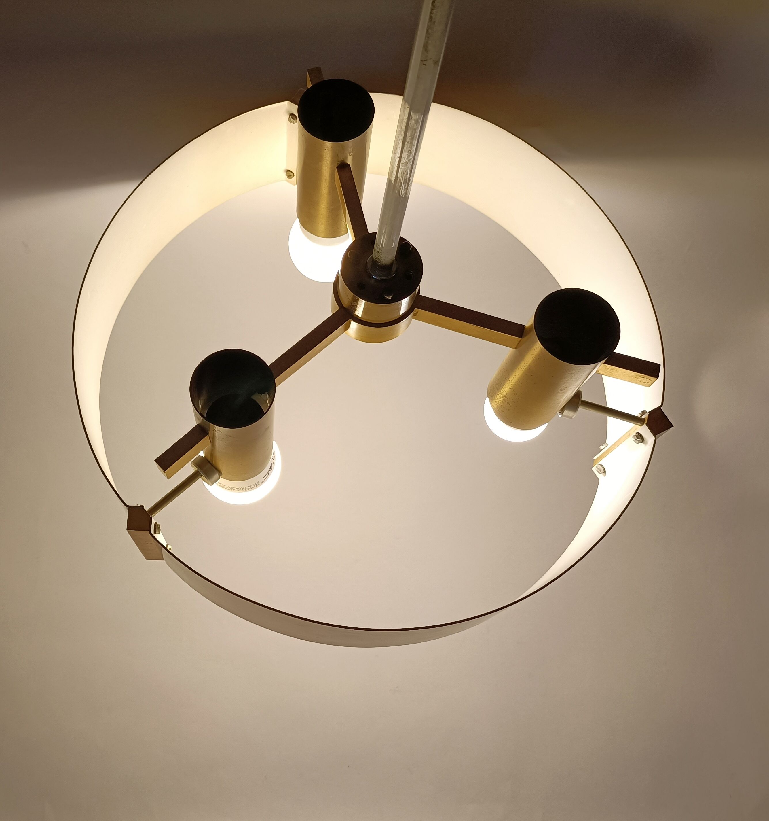 Italian 3-light suspension UFO brushed aluminium and golden brass 1970