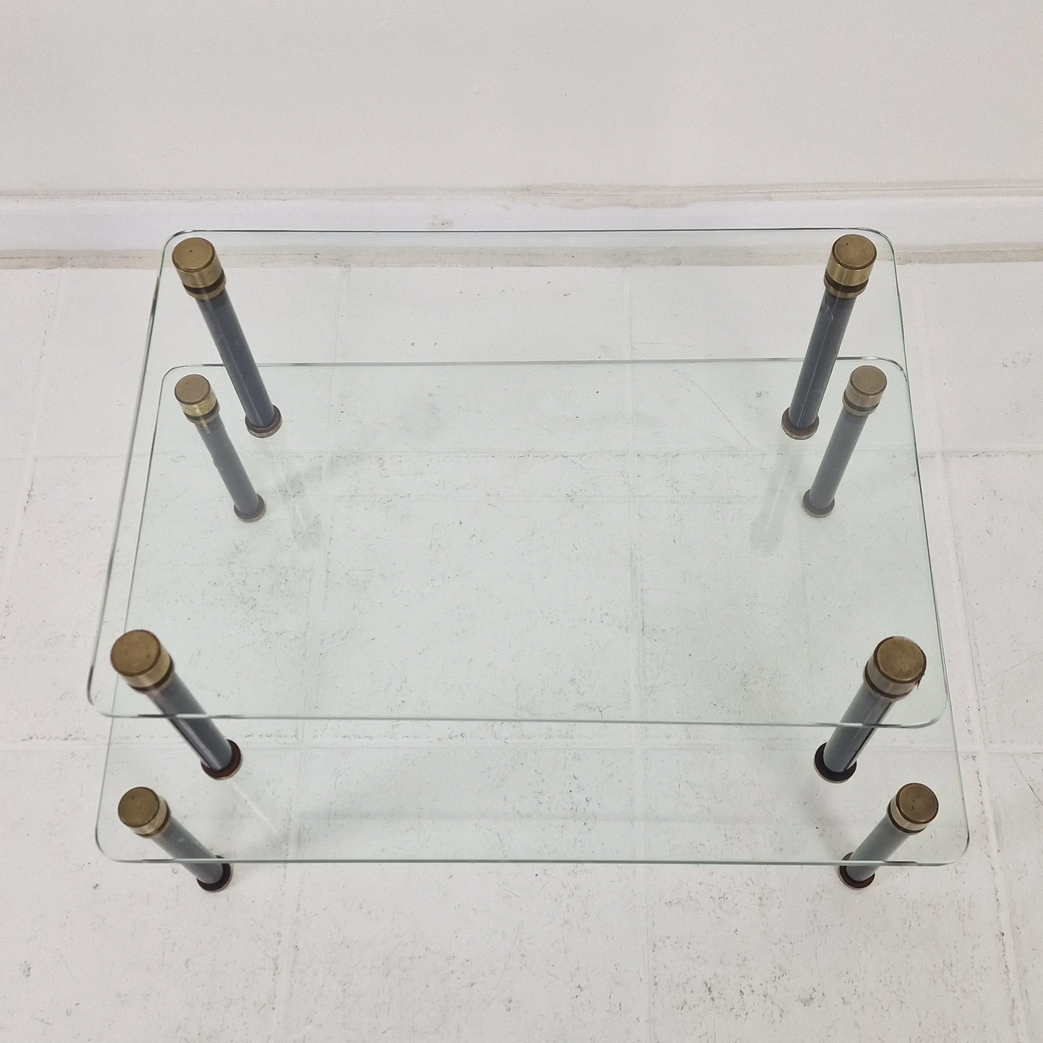 French Modernist Glass and Brass Display Tables with 'P. Andrieux', 1930's