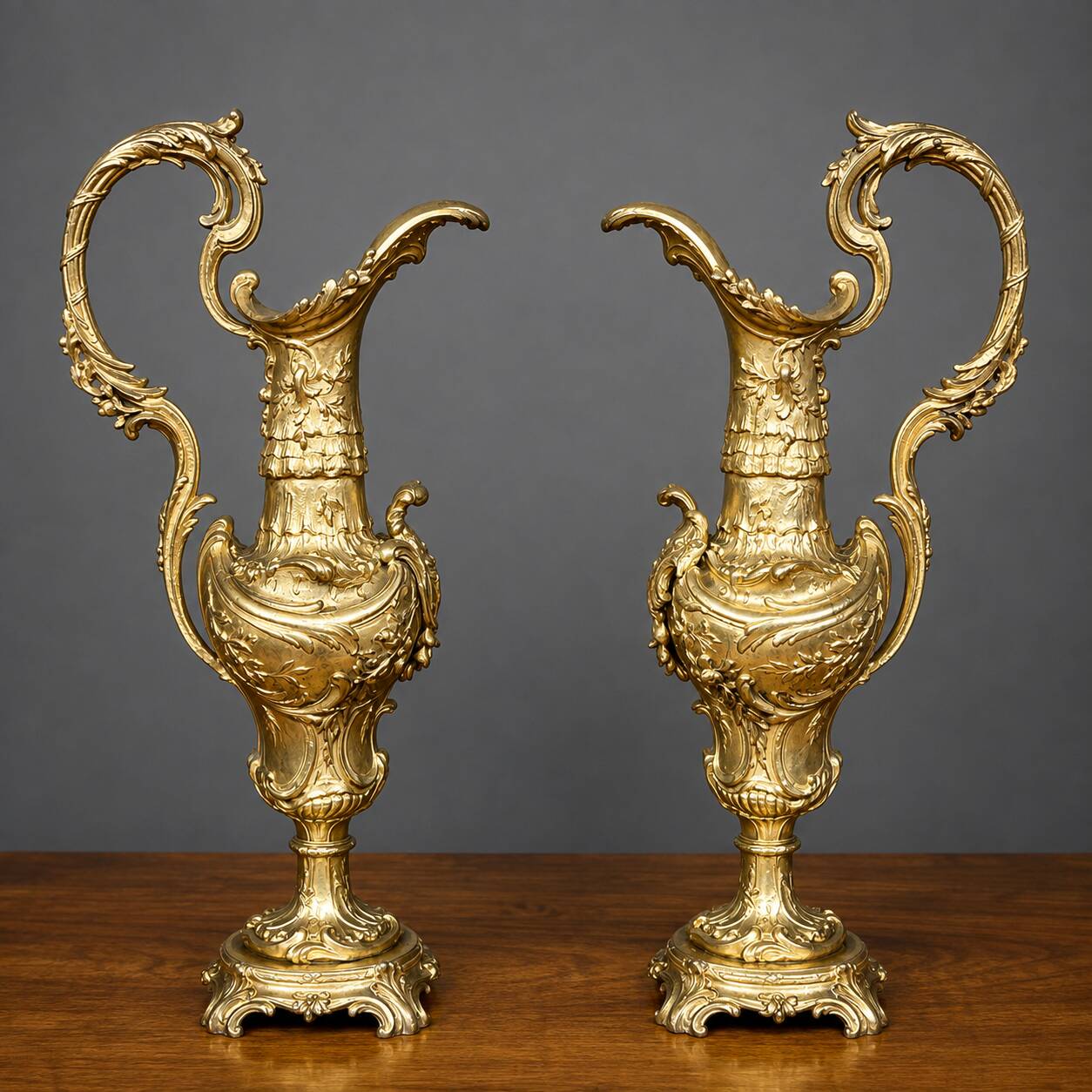 Pair of decorative vases. Solid gold metal.