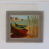 Original Swedish Mid-Century Oil on Panel “Boats and Fishing Nets ” by ALF (Affe) SKAGH (1916-1962)