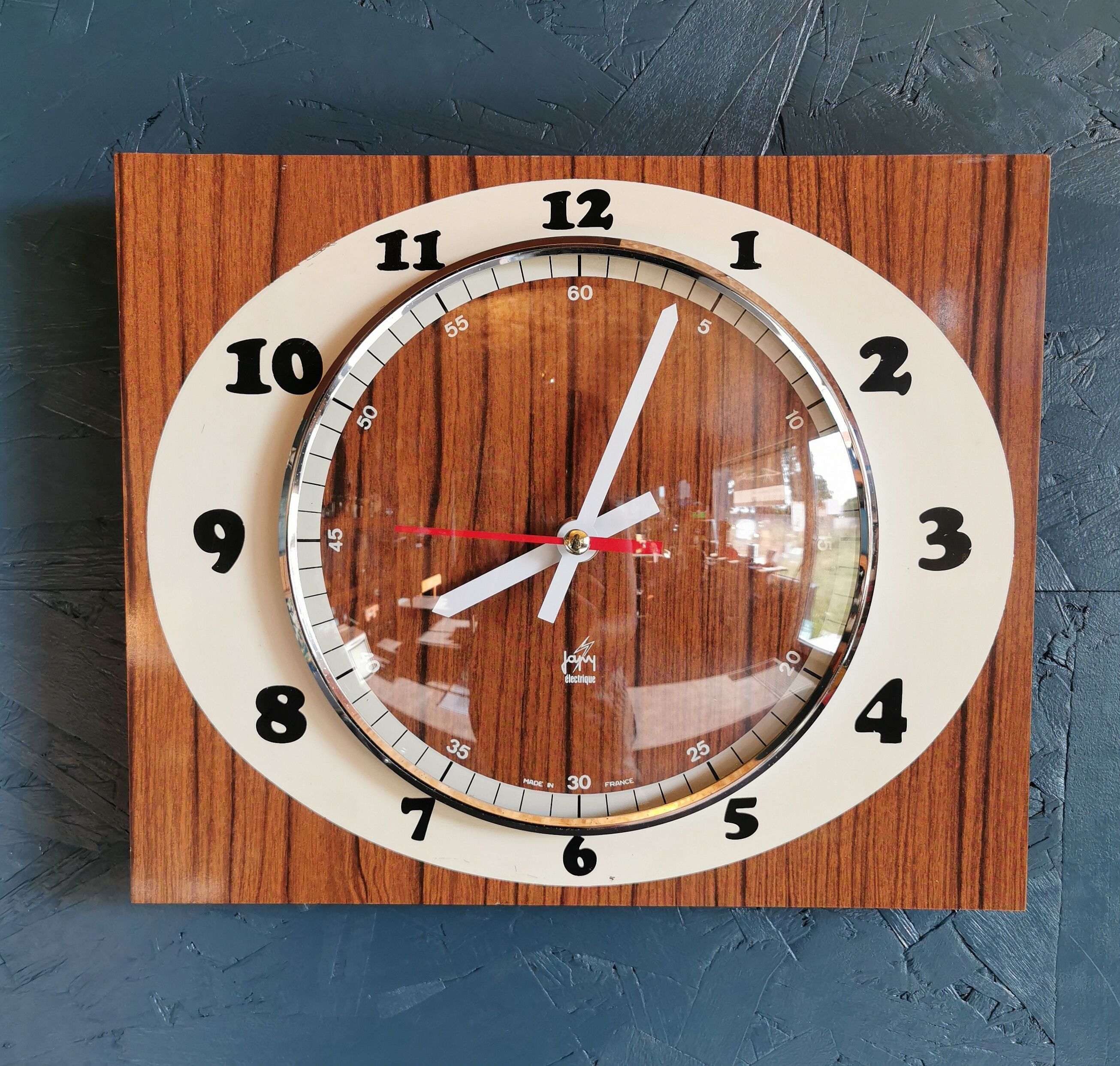 Vintage formica clock rectangular silent wall clock "Japy cream wood"