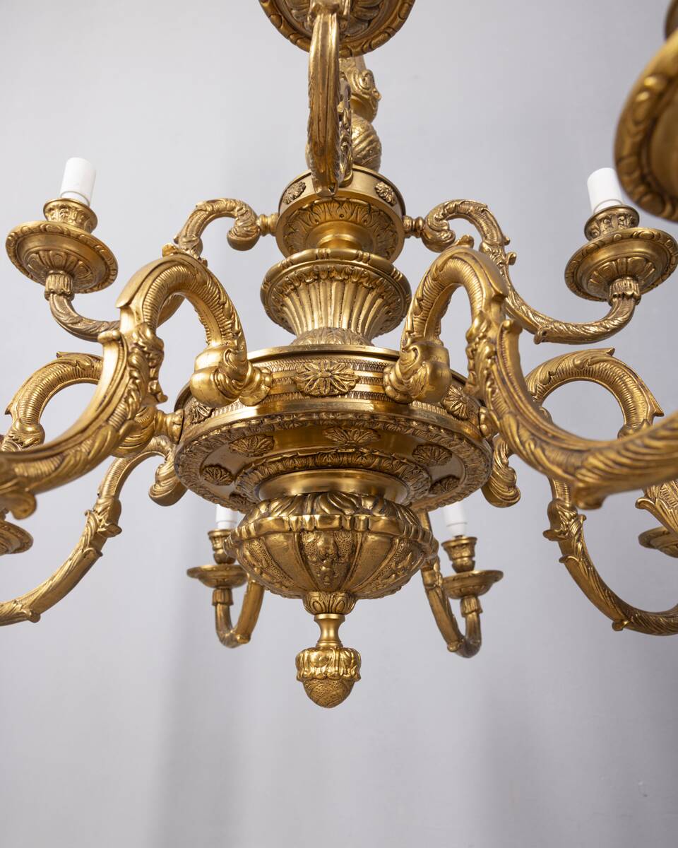 Classic 12 light golden bronze chandelier from the mid-20th century