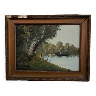 Huile sur toile Pierre Louis Léger Vauthier paysage barque