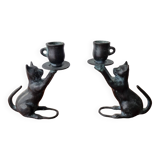 2 bronze cat candlesticks