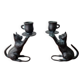 2 bronze cat candlesticks