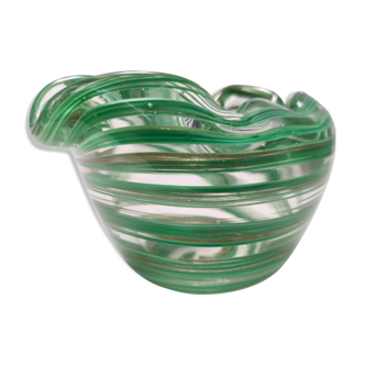 Murano Glass Bowl or Ashtray with Green Canes and Aventurine Glass, Italy