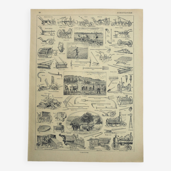 Gravure ancienne, Agriculture d'époque, outil, machine • Lithographie, Planche originale 1947