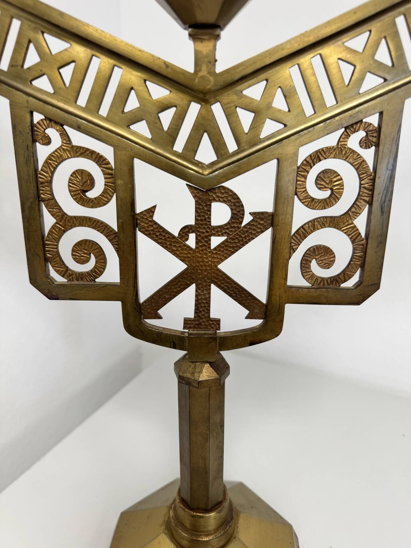 Antique Art Deco Brass Altar Chandelier – 5 Lights – Chrism Symbol