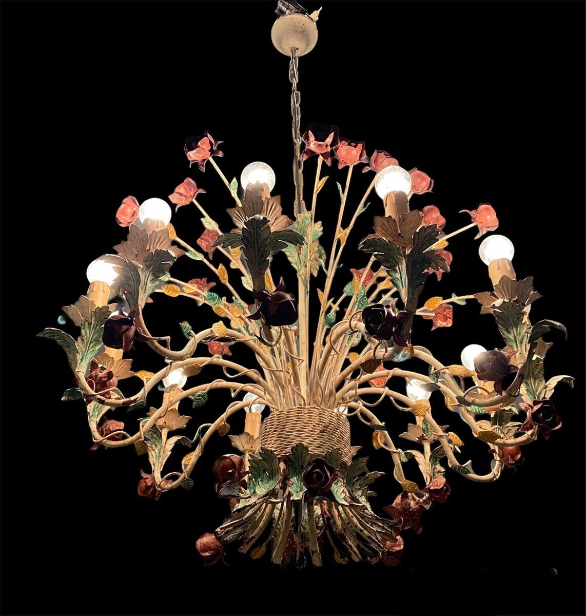 Large Vintage Italian Tole Flower Chandelier with 12 Lights
