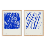 Pair of blue line prints, abstract wall art set of two, 50x70cm