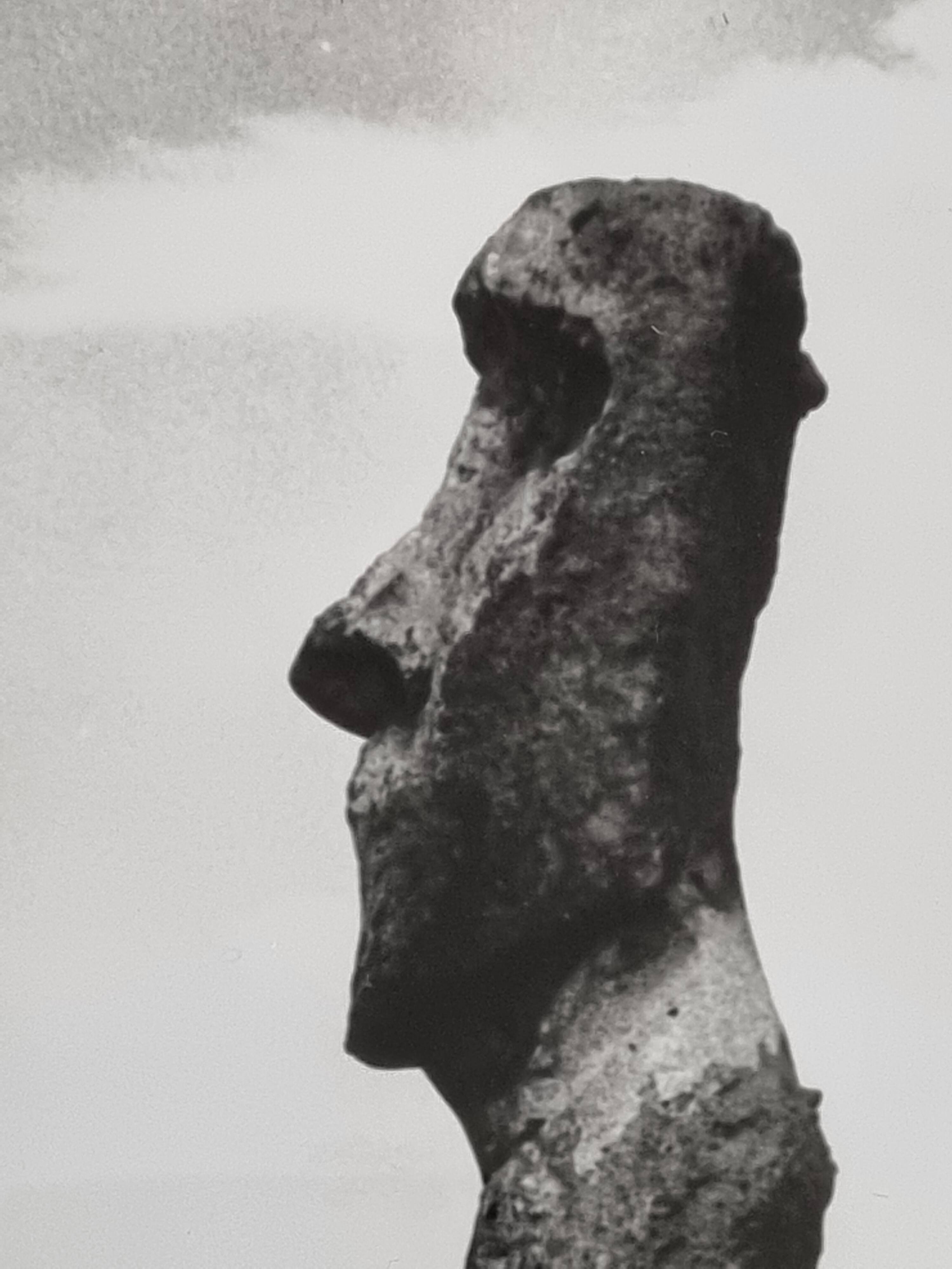 Vintage framed silver print, Moai of Easter Island, ethnological mission from 1970