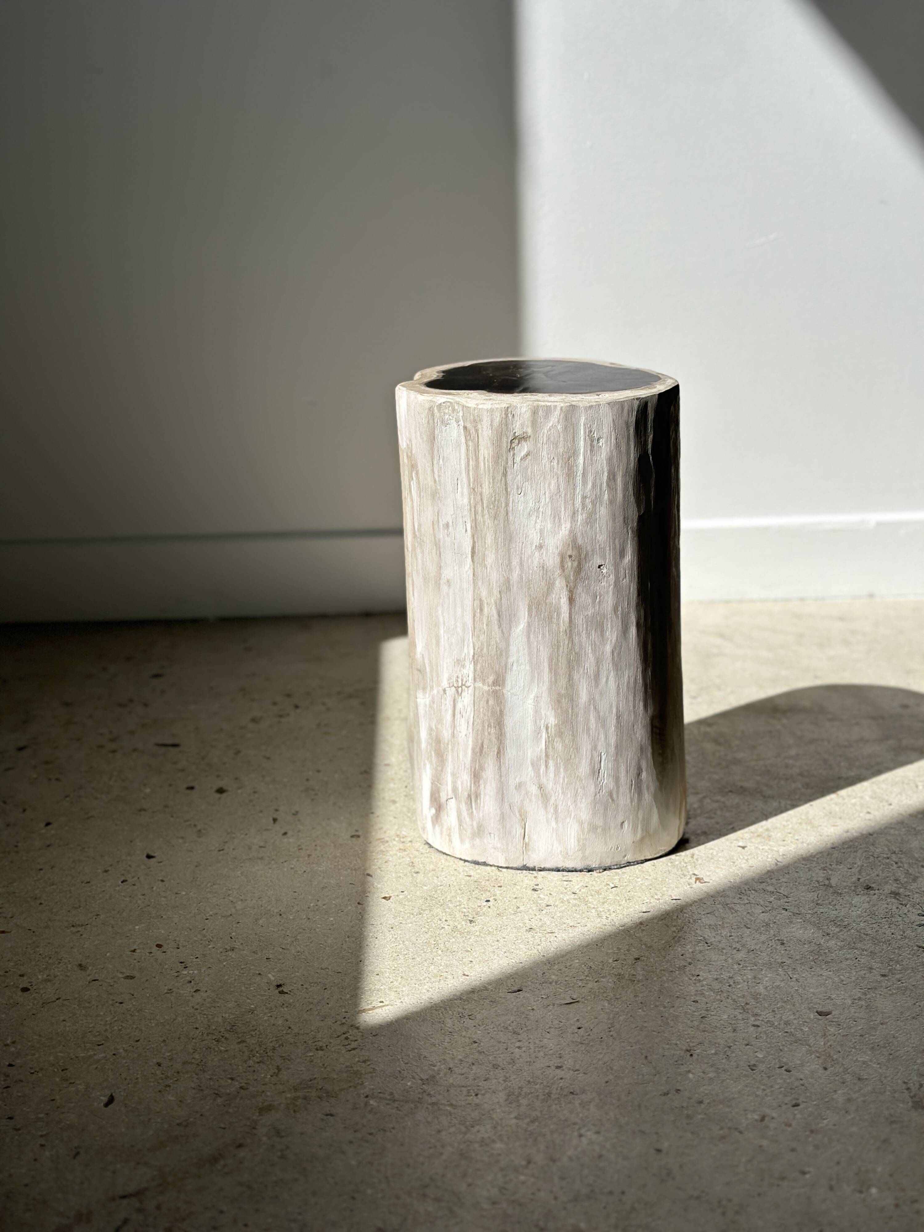 Petrified wood side table white tower black heart H:36cm D:17cm