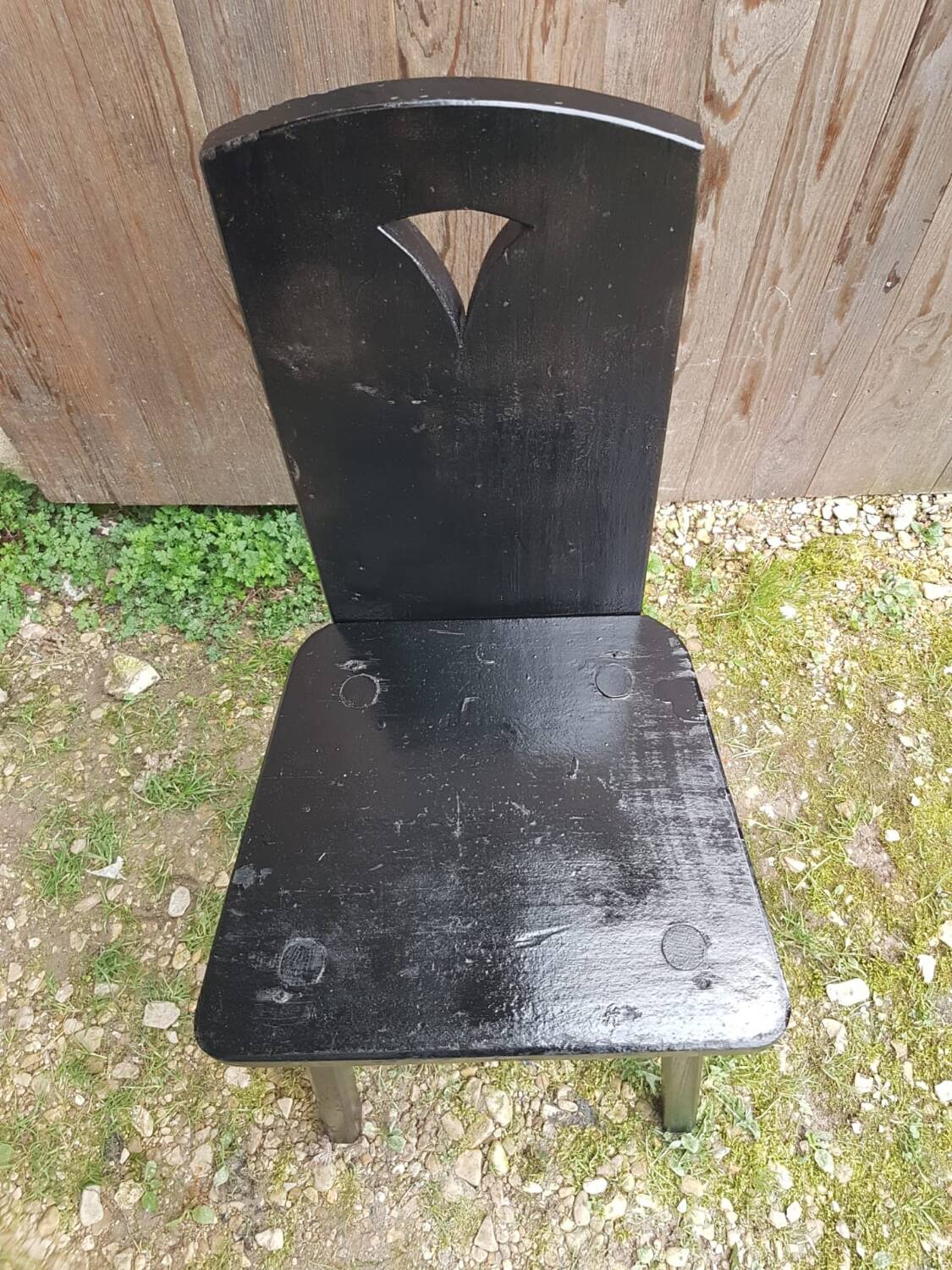 Old Alsatian mountain chair black wood back openwork shape vintage #a662