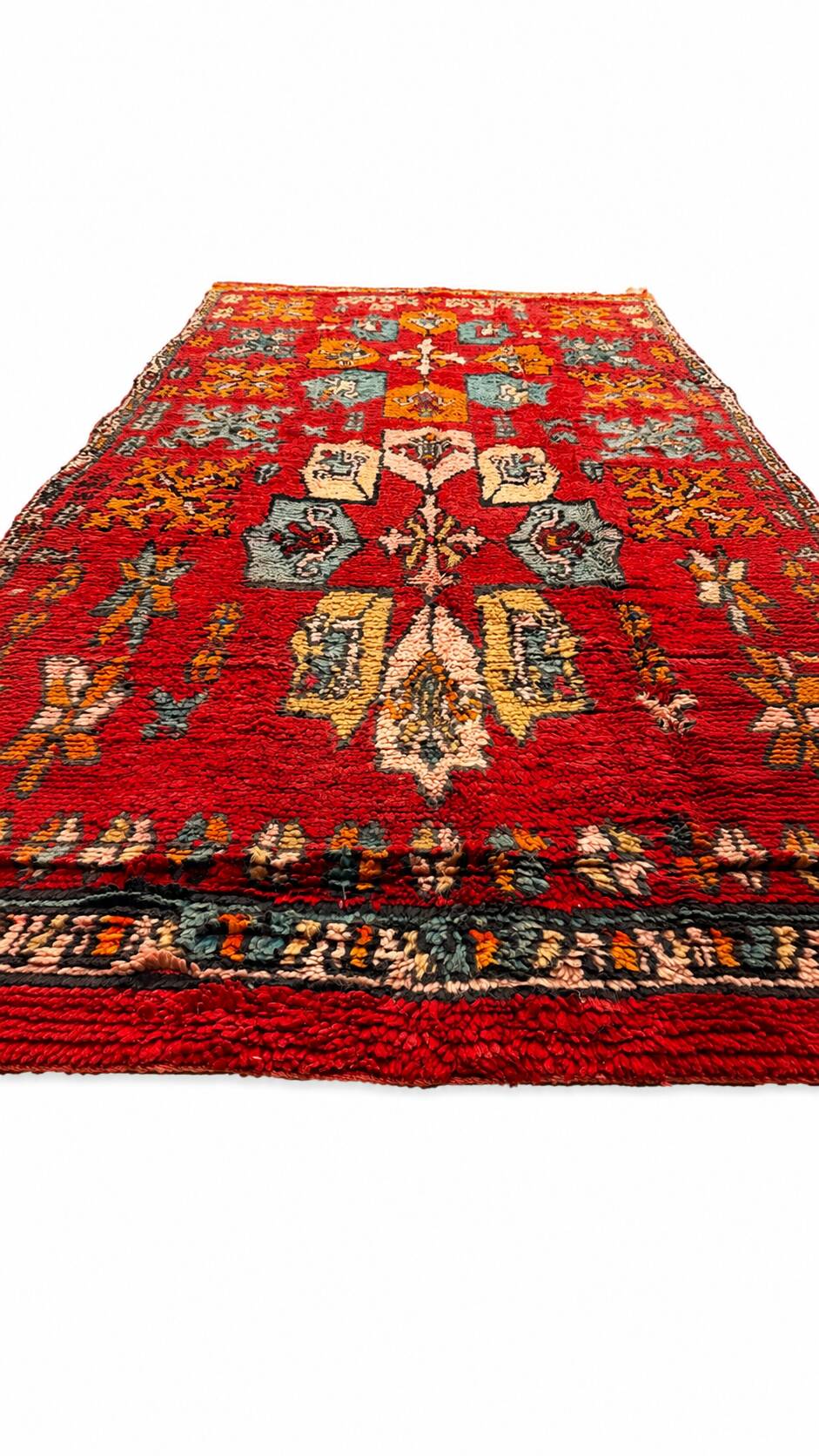 Vintage red Berber rug with multicoloured patterns - 145 x 300 cm