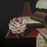 Oil on canvas still life with violin 20th century by A. Warner