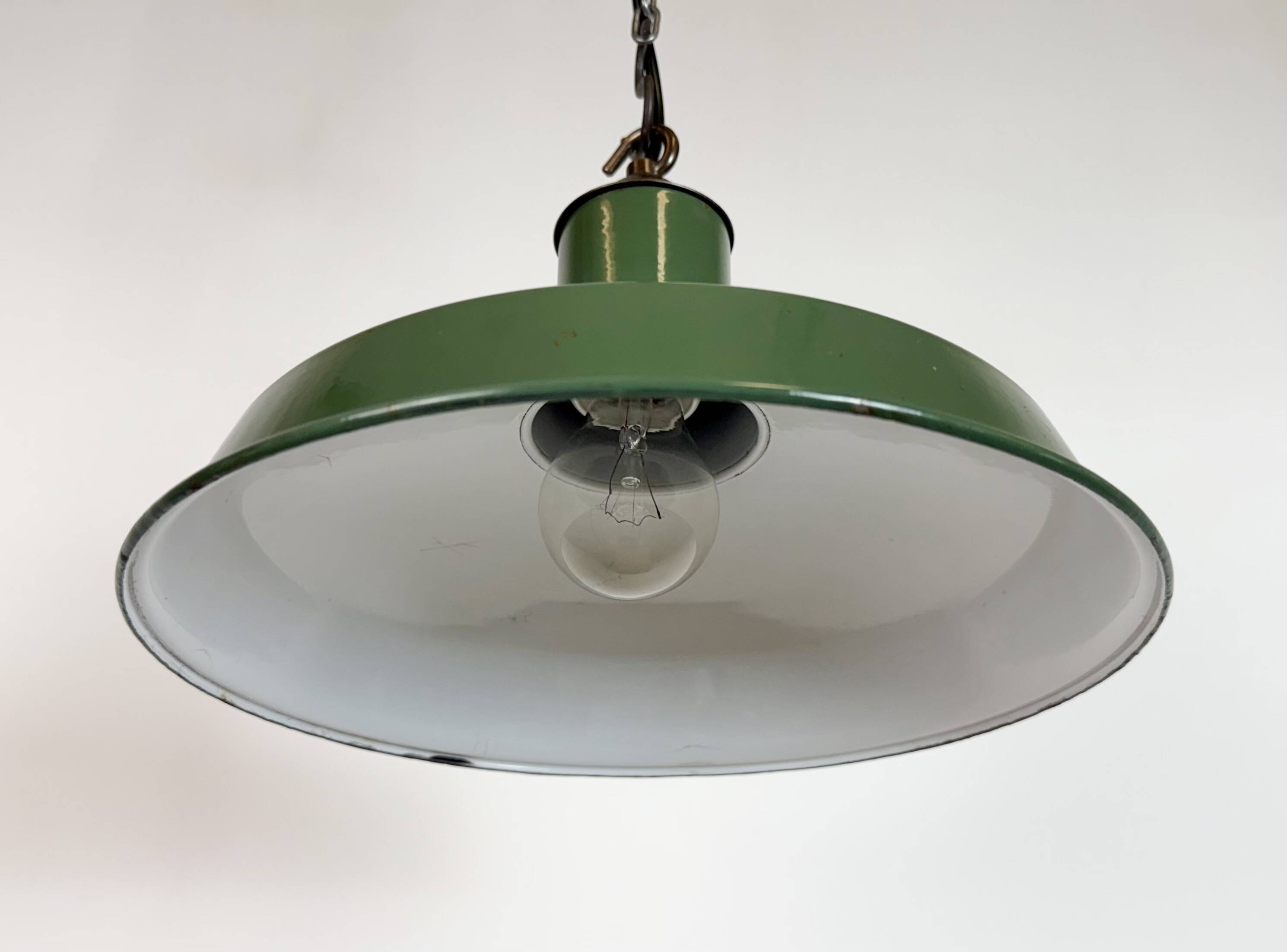 Industrial British Green Enamel Factory Pendant Lamp, 1960s