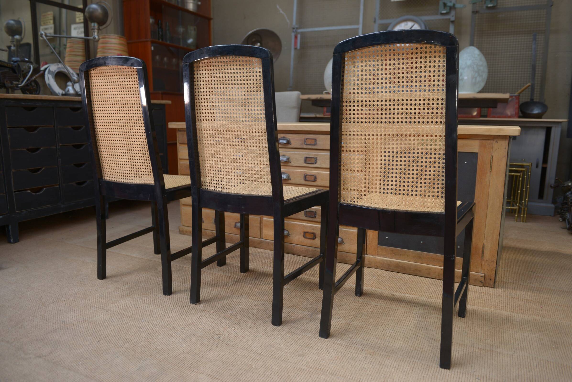 Set of 6 Vintage caned chairs in black lacquered wood, original 1970
