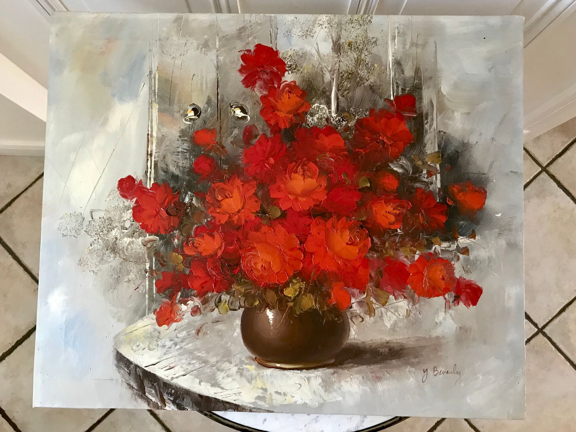 Old oil on canvas painting bouquet of red flowers signed