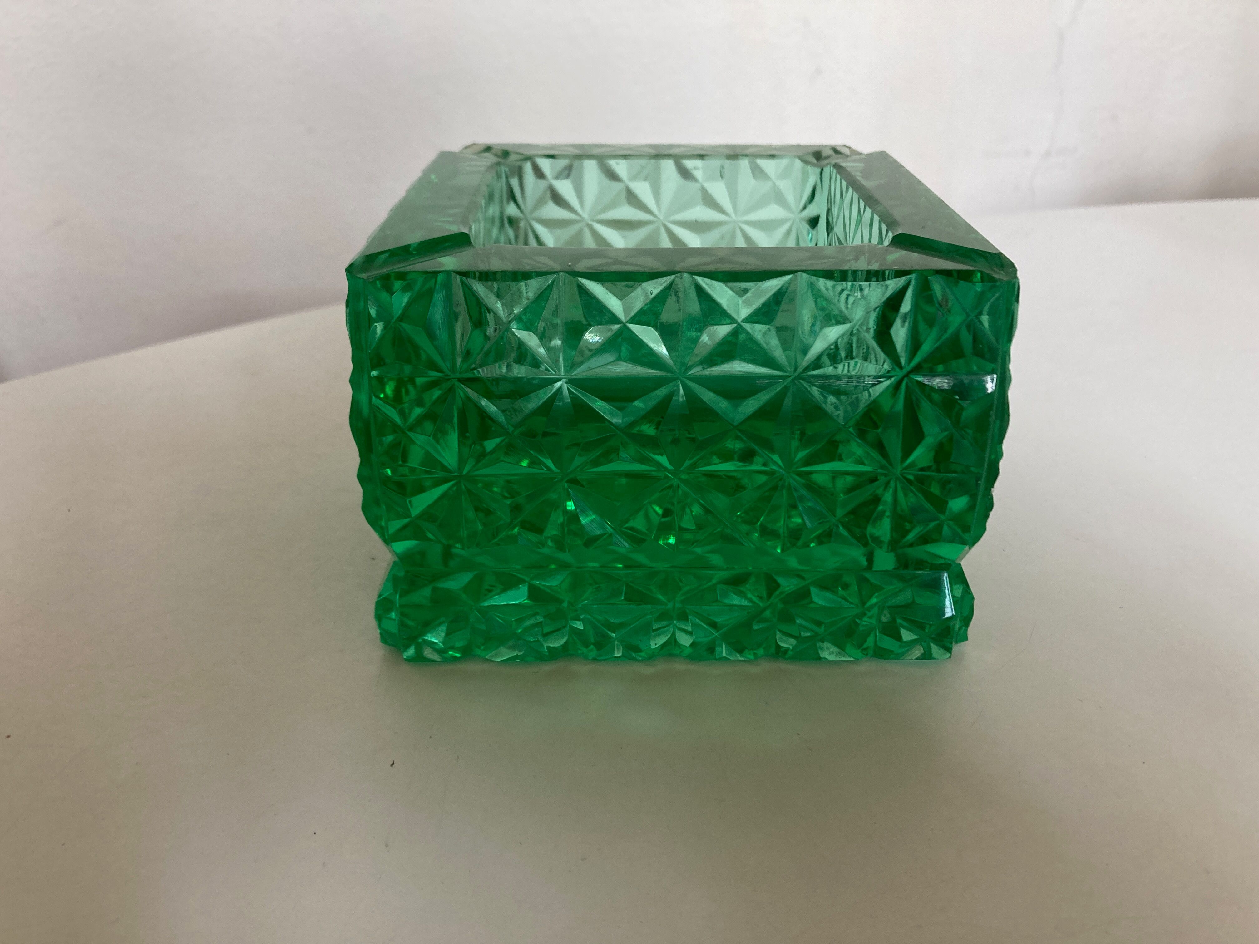 Green diamond cut glass ashtray 1980