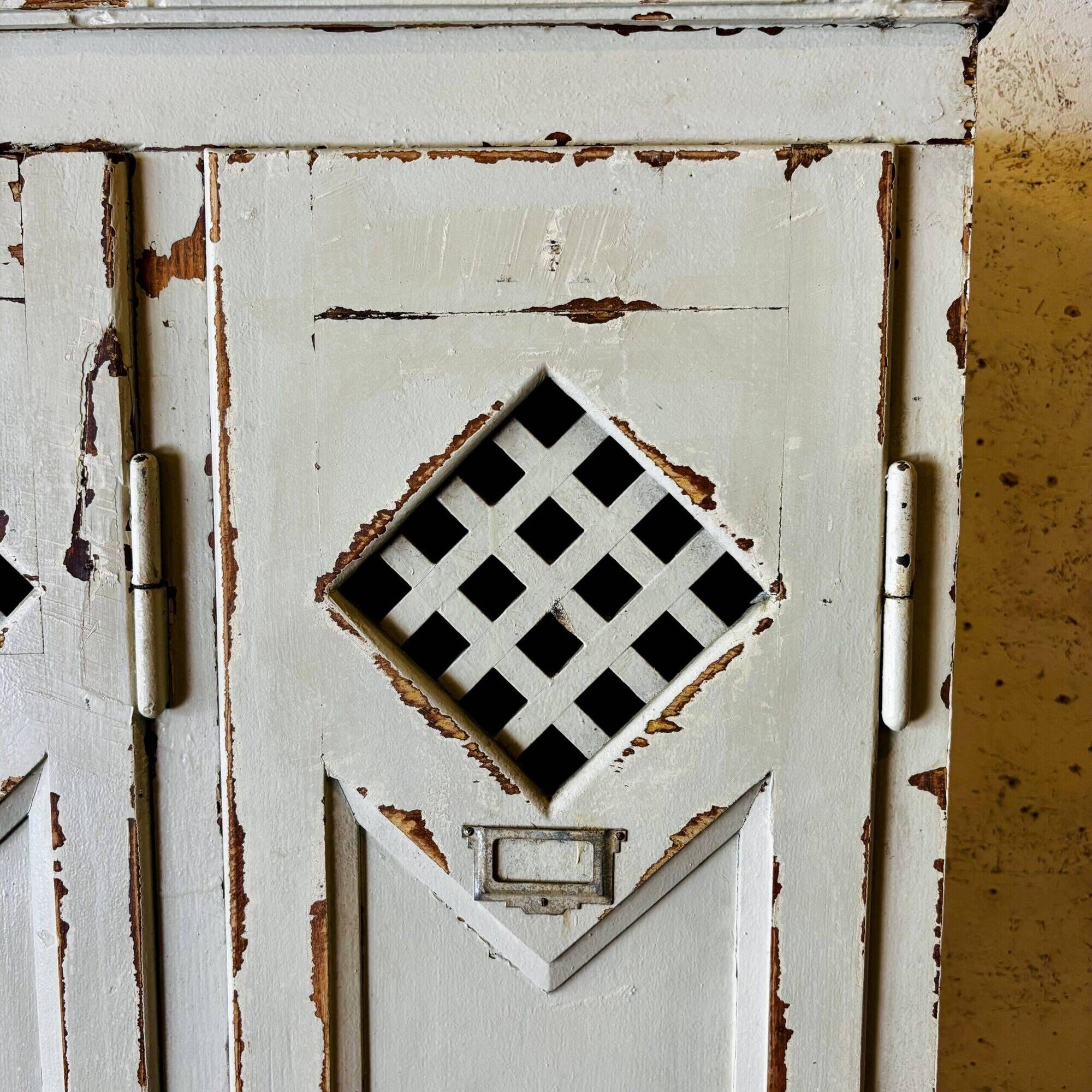 Old factory lacquered pine locker from early 20th century France.