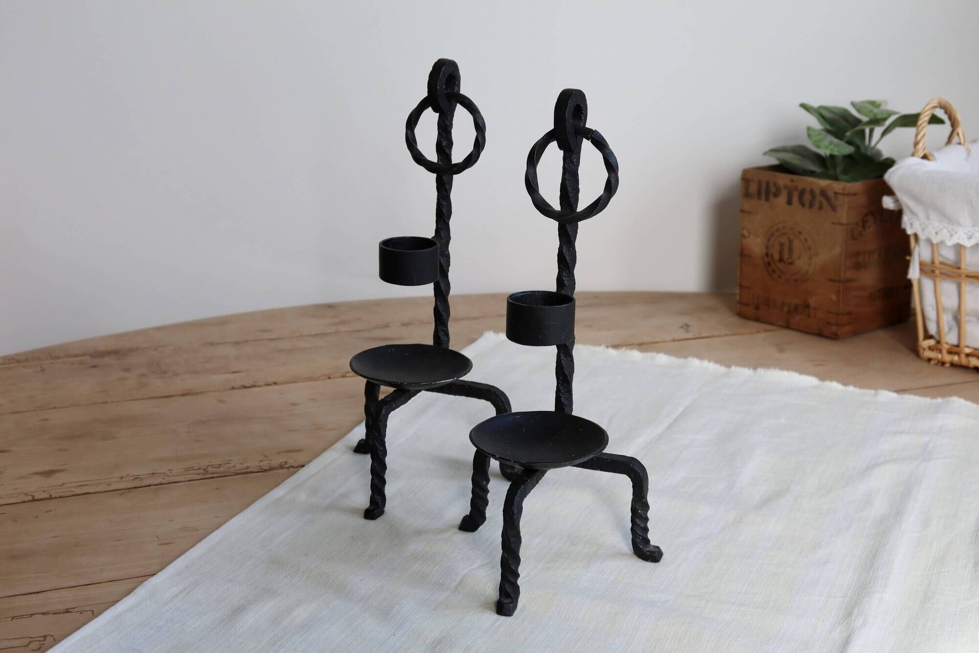 Vintage black metal candle holders – Twisted wrought iron