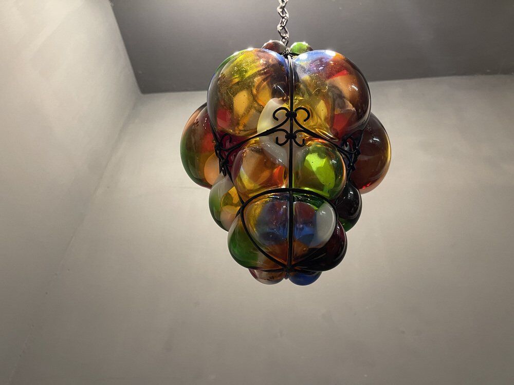 Murano glass multicolored wrought iron light pendant latern, 1950s