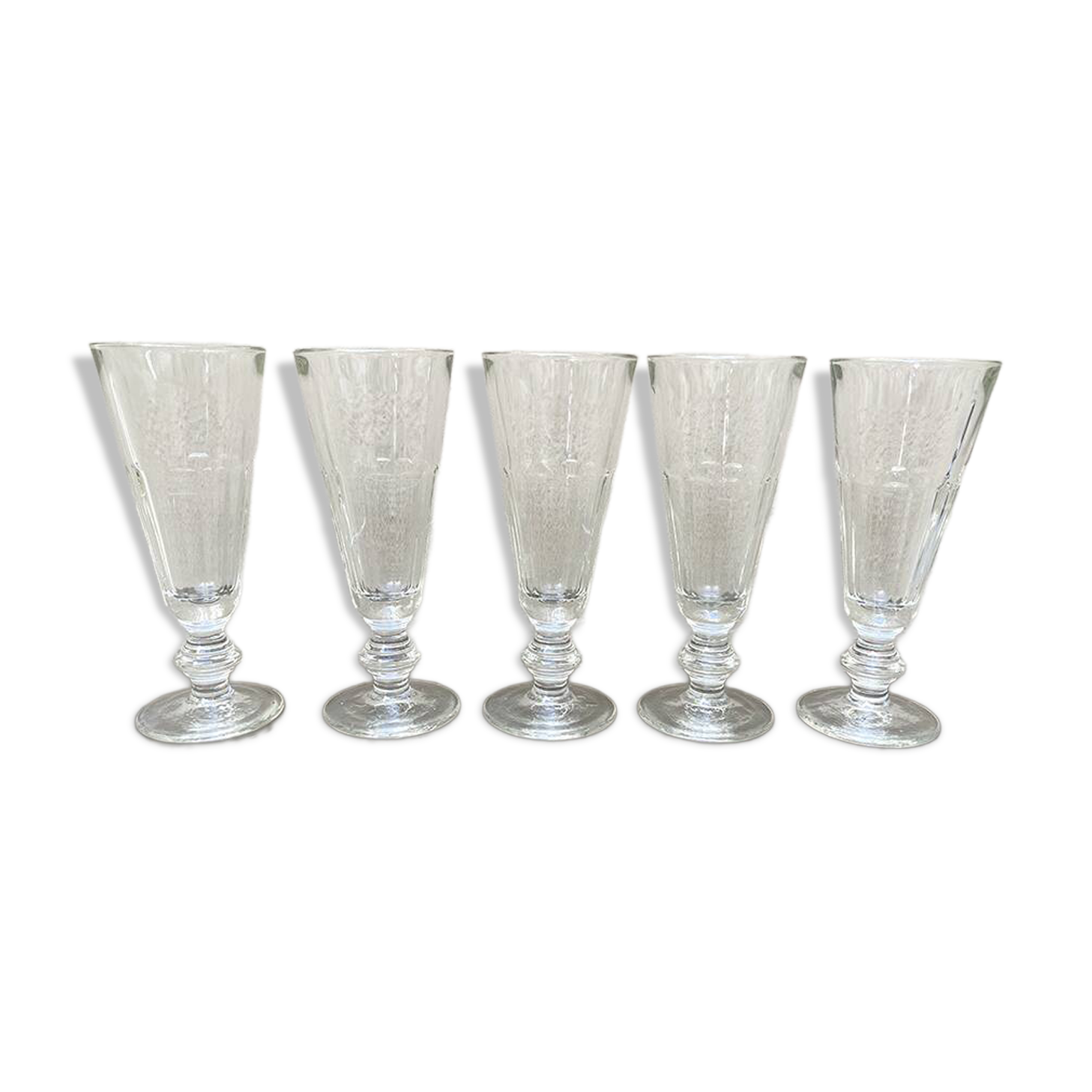 5 antique Caton-style champagne flutes in glass or crystal