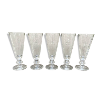 5 antique Caton-style champagne flutes in glass or crystal
