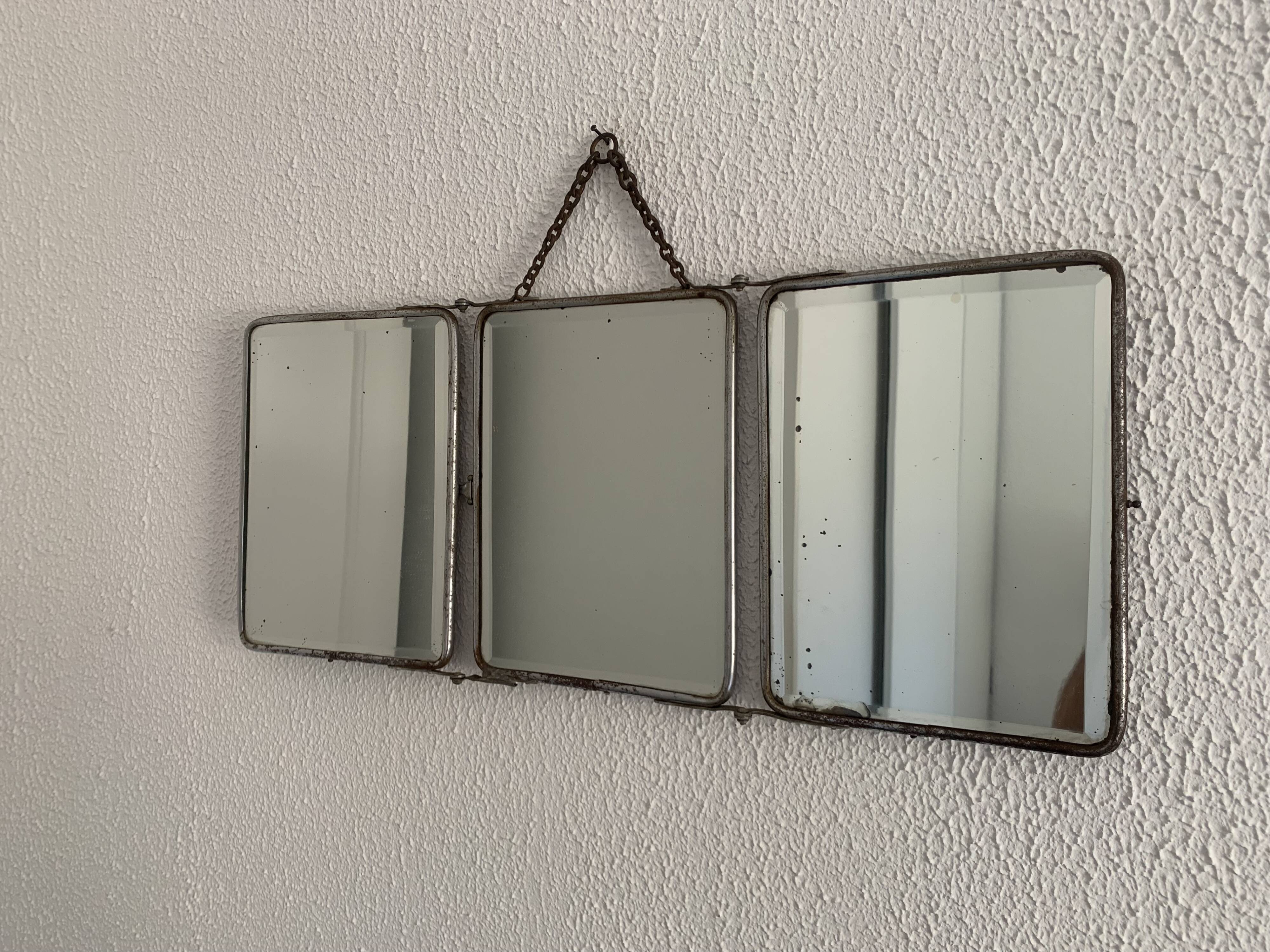 Vintage 1930s barber triptych mirror with camouflage beveled glass - 25 x 59 cm