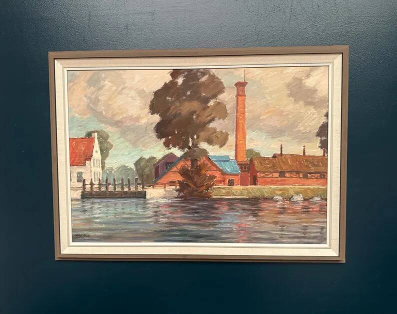 Original Swedish Oil on Panel - "Coastal Village" by Helge Andersson - Dated 1965 - Framed - 86 × 64 cm