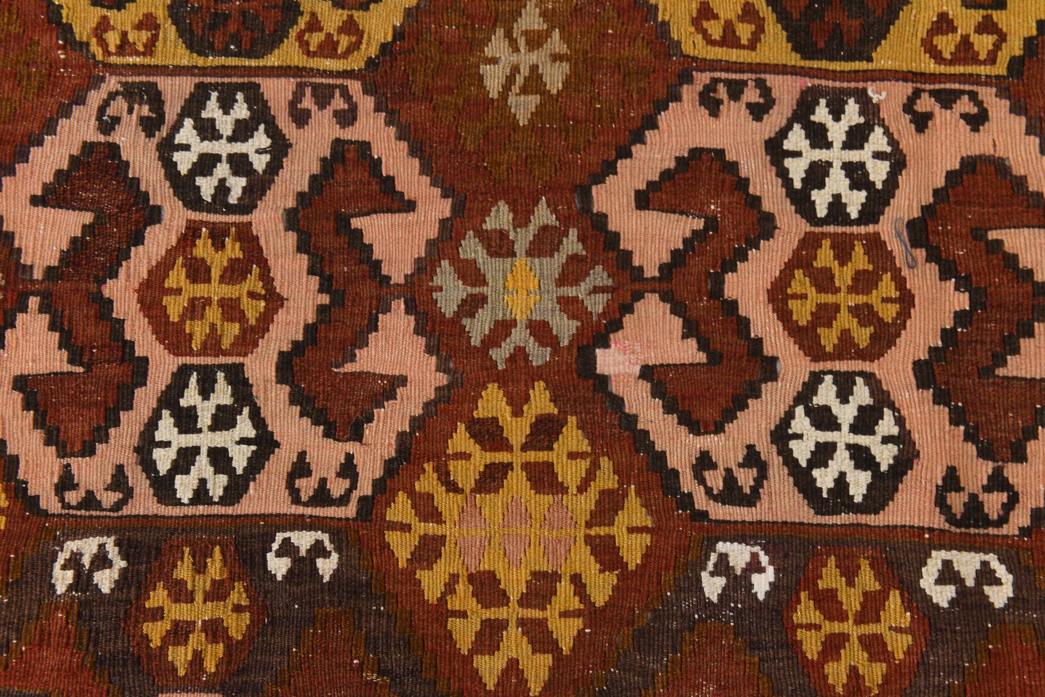 Tapis Kilim couleur terre cuite 212x438Cm, tapis en laine tissé à la main, tapis Oushak