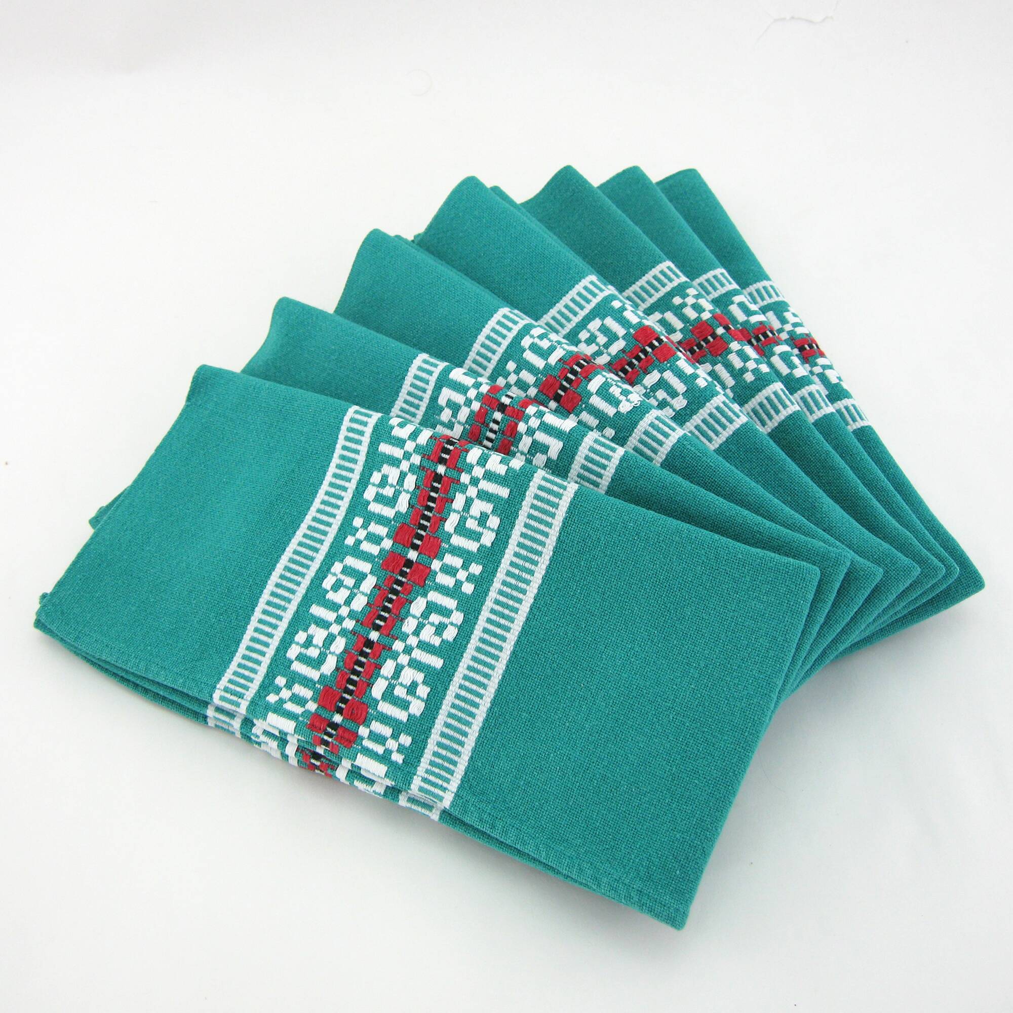 7 green cotton napkins - Basque Country France - vintage 60s